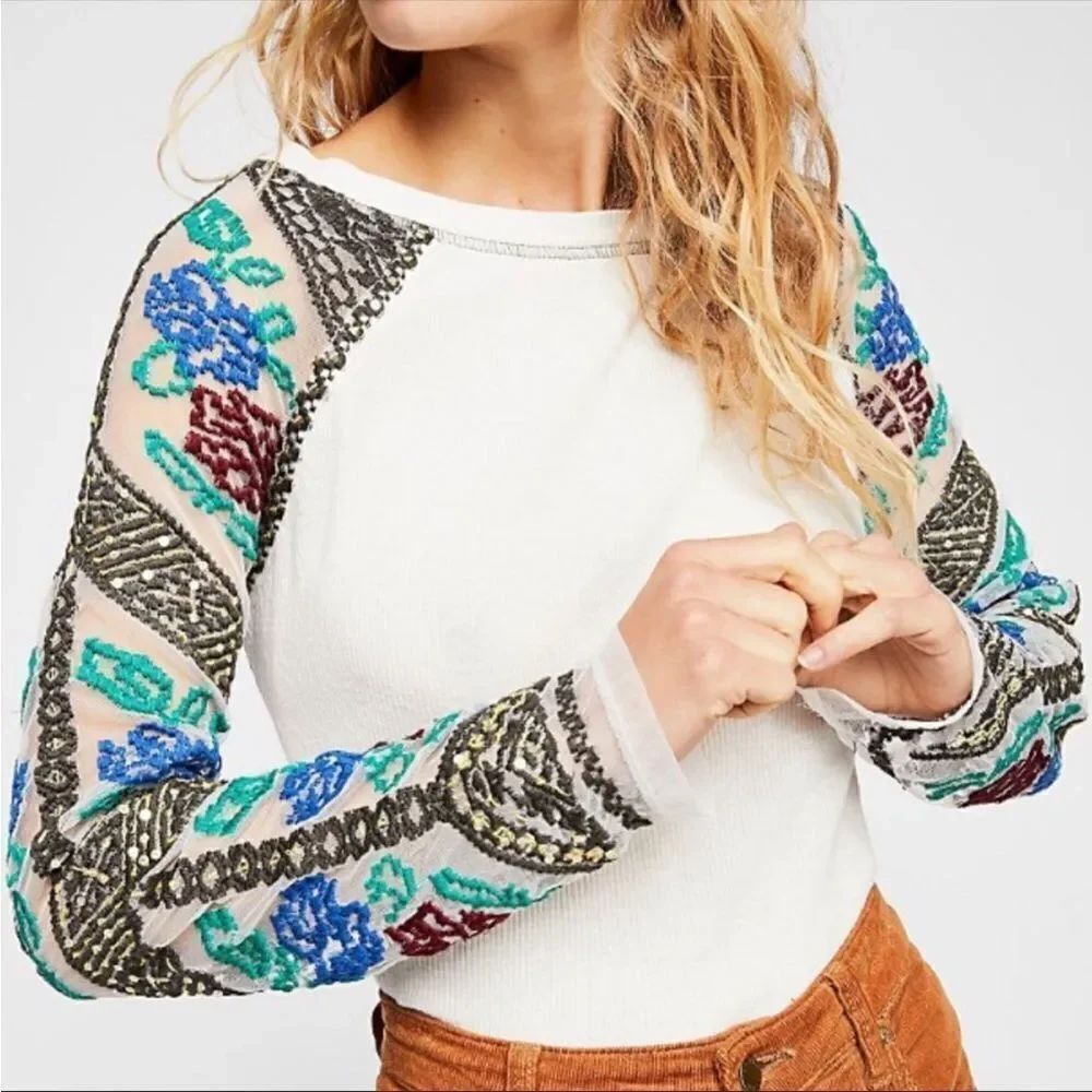 FREE PEOPLE | Rendezvous Long Embellished Sheer Sleeve Top Women’s Size Small